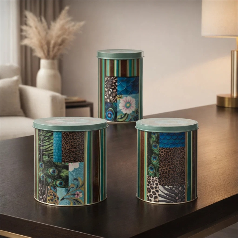 Yuva Decorative Box Set of 3- Animal Motifs and Stripes- Green Tin Metal