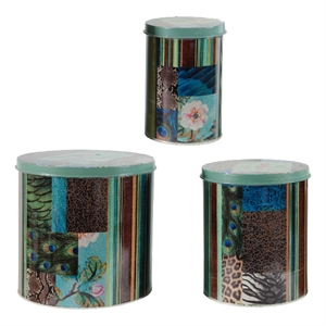 Yuva Decorative Box Set of 3- Animal Motifs and Stripes- Green Tin Metal