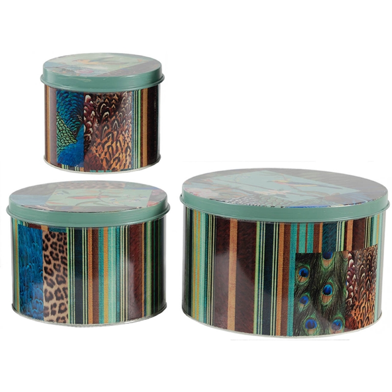 Yuva Decorative Box Set of 3- Animal Motifs and Stripes- Green Metal Tin