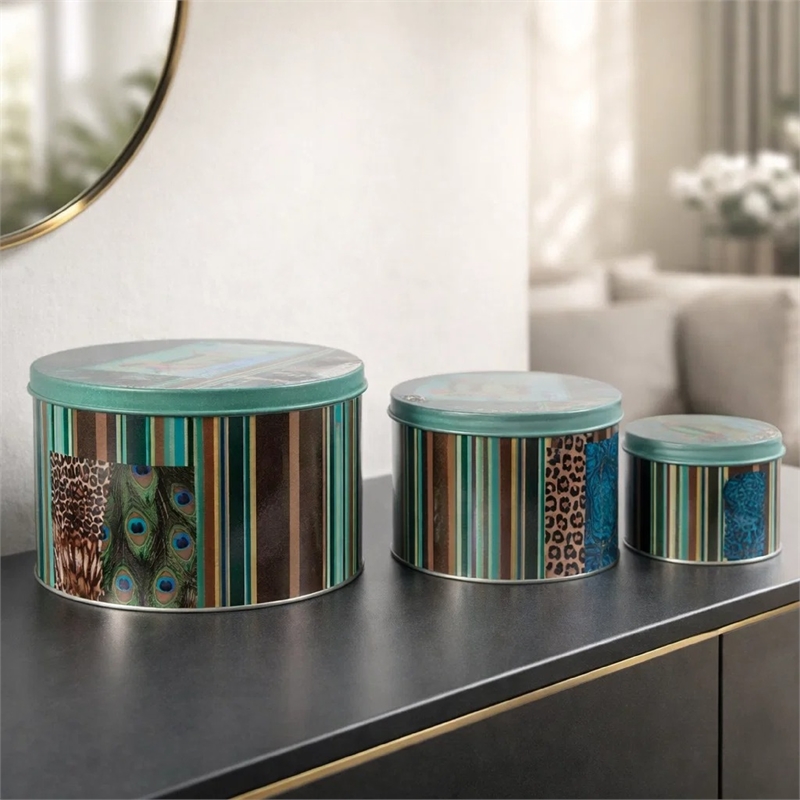 Yuva Decorative Box Set of 3- Animal Motifs and Stripes- Green Metal Tin