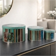 Yuva Decorative Box Set of 3- Animal Motifs and Stripes- Green Metal Tin