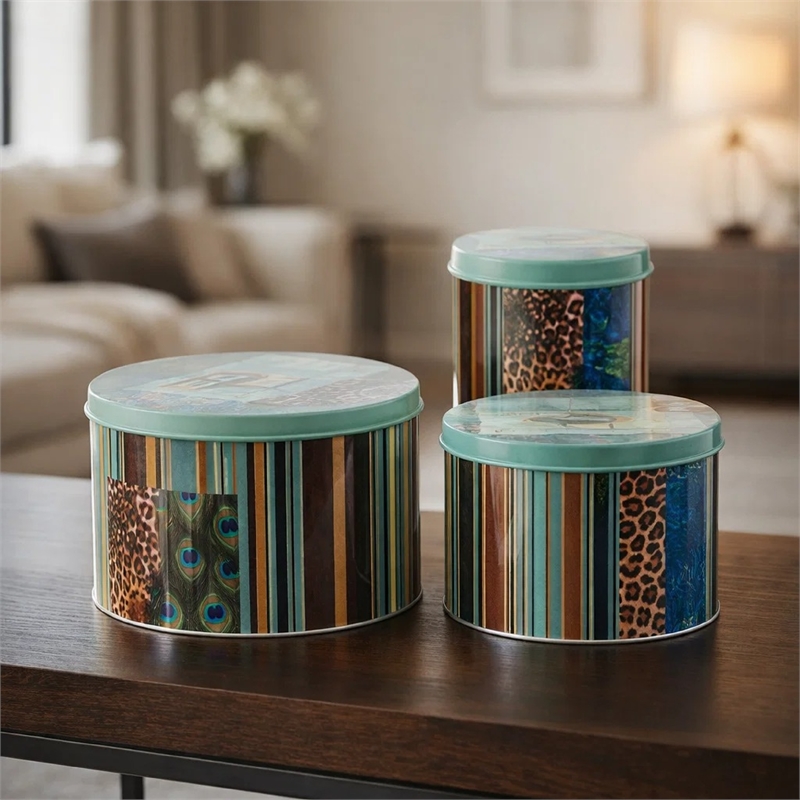 Yuva Decorative Box Set of 3- Animal Motifs and Stripes- Green Metal Tin