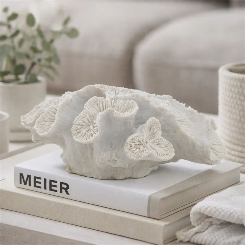 Decorative Coral Sculpture Tabletop Decor- 9 Inch White Polyresin