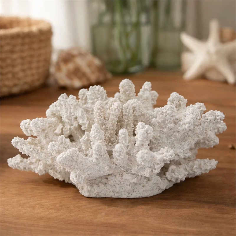 Coastal Decorative Faux Coral Sculpture- Realistic- 8 Inch White Polyresin