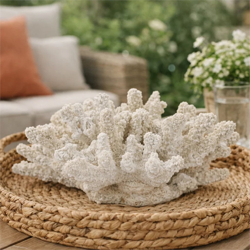 Coastal Decorative Faux Coral Sculpture- Realistic- 8 Inch White Polyresin