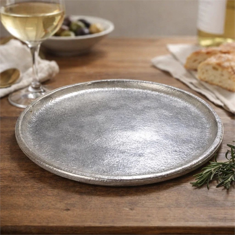 Decorative Plate- Rustic Textured Distress Silver Aluminum 10 Inch Round