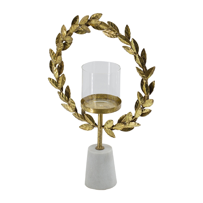 Gigi Candle Holder- Marble Base- Gold Leaf Wreath Ring- White Glass 20 Inch
