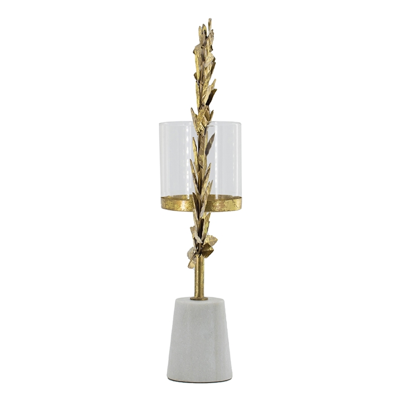 Gigi Candle Holder- Marble Base- Gold Leaf Wreath Ring- White Glass 20 Inch