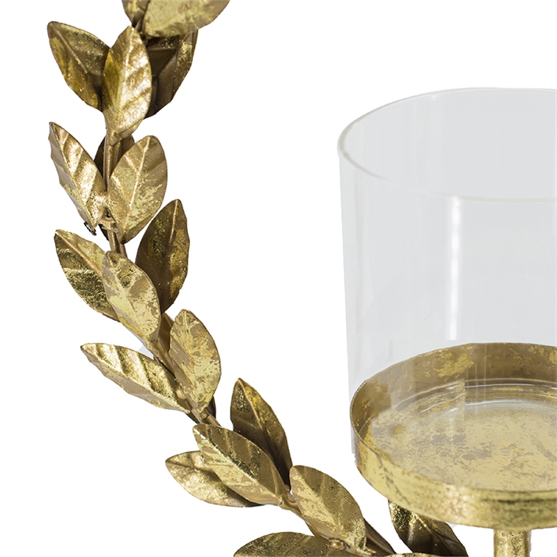 Gigi Candle Holder- Marble Base- Gold Leaf Wreath Ring- White Glass 20 Inch