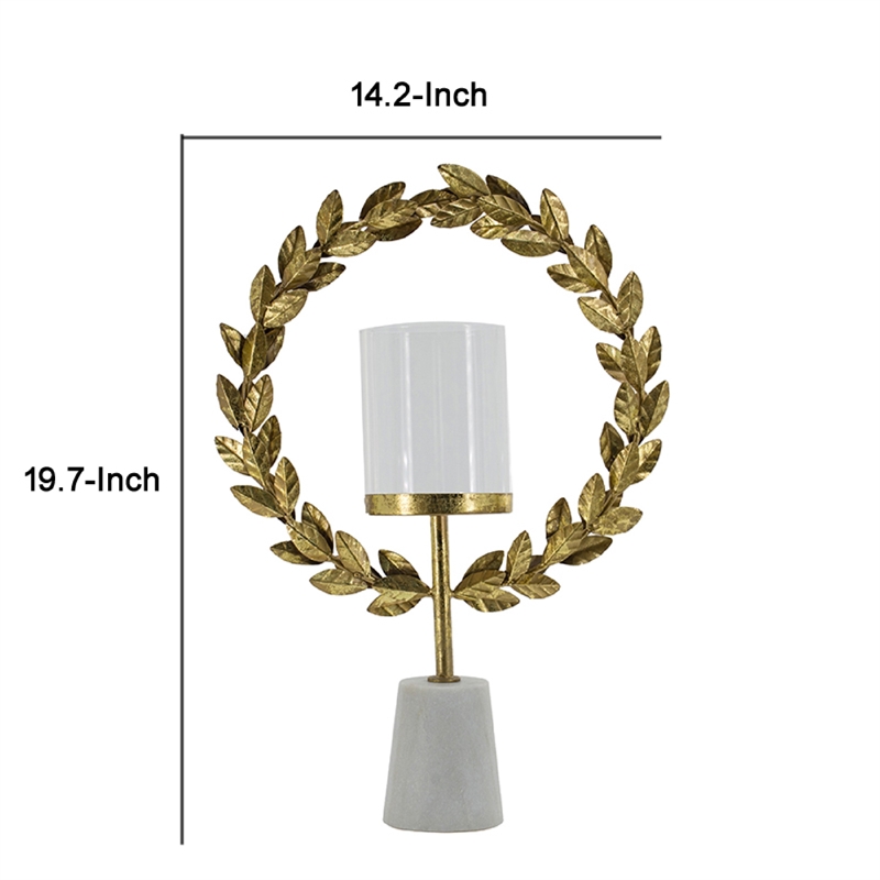 Gigi Candle Holder- Marble Base- Gold Leaf Wreath Ring- White Glass 20 Inch