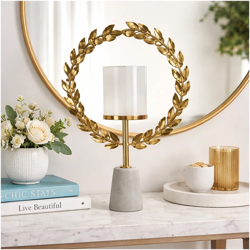 Gigi Candle Holder- Marble Base- Gold Leaf Wreath Ring- White Glass 20 Inch