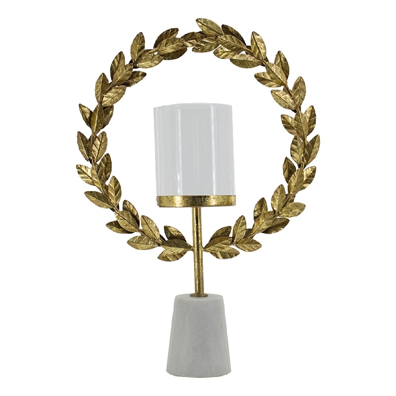 Gigi Candle Holder- Marble Base- Gold Leaf Wreath Ring- White Glass 20 Inch