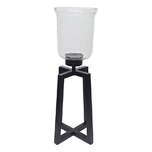 Cole Large Candle Holder- Open Crossed Black Iron- Clear Glass 23 Inch