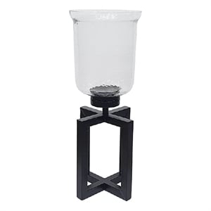 Cole Small Candle Holder- Black Iron Open X Frame- Clear Glass 19 Inch