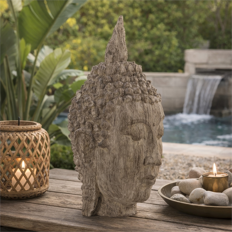 Reva Meditating Buddha Head Sculpture- Rustic Distressed Brown 12 Inch