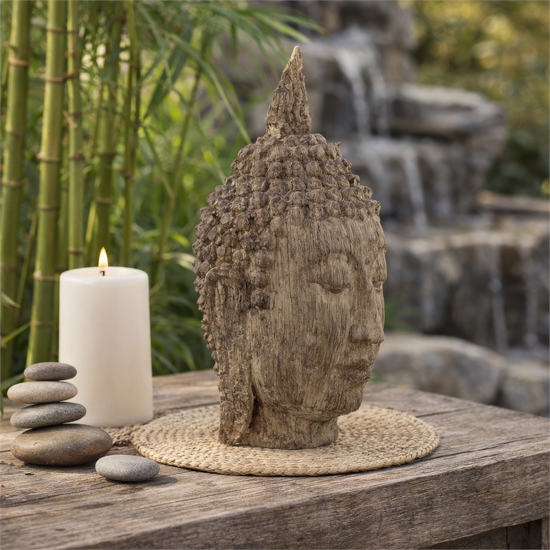 Reva Meditating Buddha Head Sculpture- Rustic Distressed Brown 12 Inch