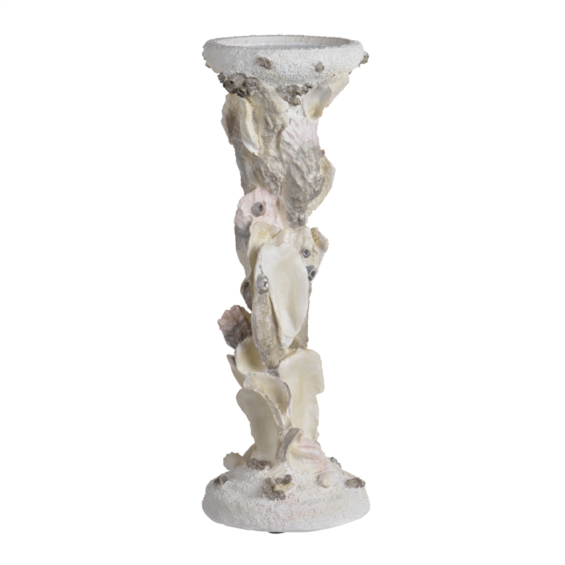 Pillar Candle Holder- Oyster Design 14 Inch Tall Coastal White Polyresin