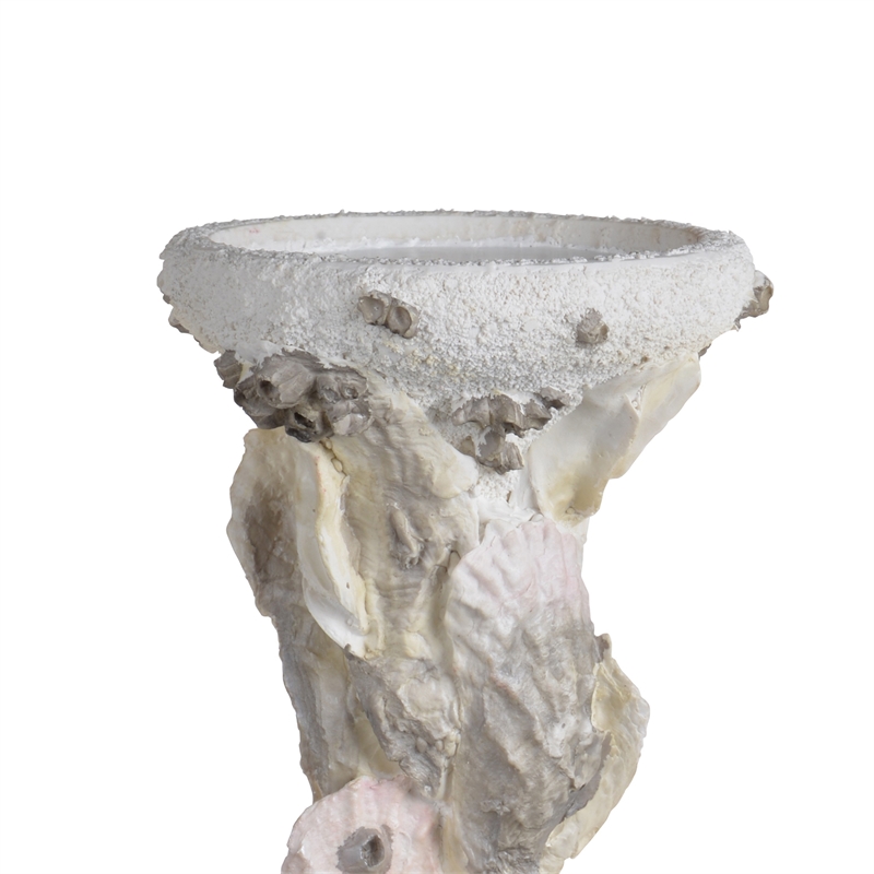 Pillar Candle Holder- Oyster Design 14 Inch Tall Coastal White Polyresin