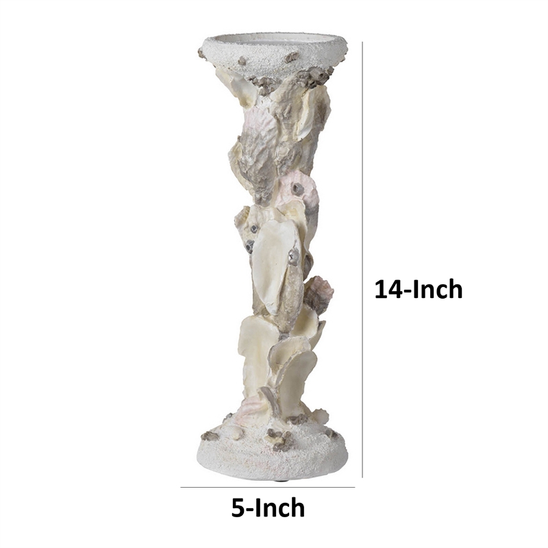 Pillar Candle Holder- Oyster Design 14 Inch Tall Coastal White Polyresin