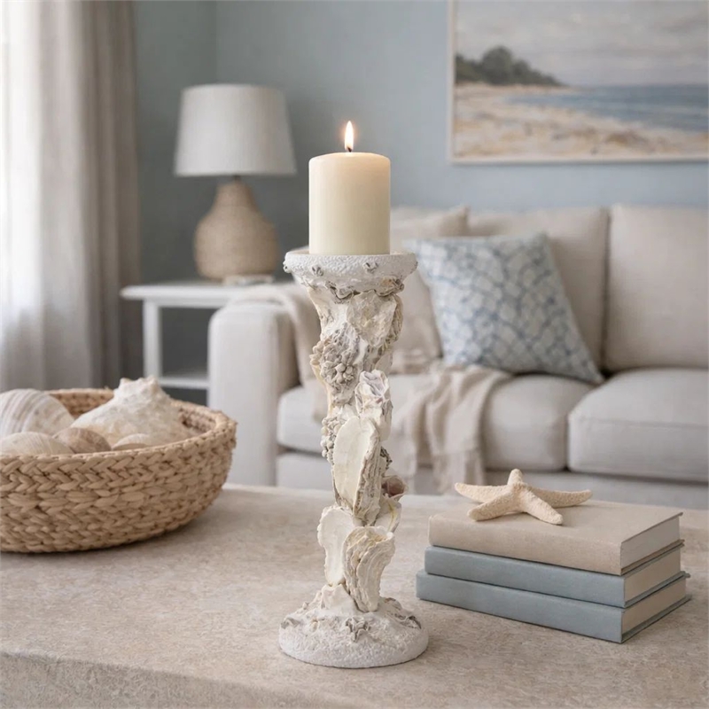 Pillar Candle Holder- Oyster Design 14 Inch Tall Coastal White Polyresin
