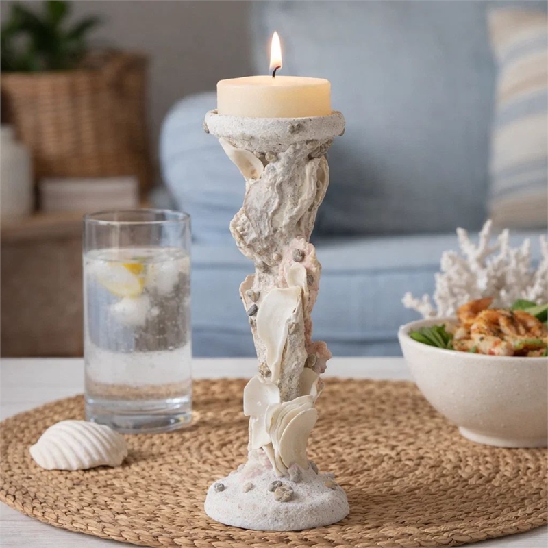 Pillar Candle Holder- Oyster Design 14 Inch Tall Coastal White Polyresin