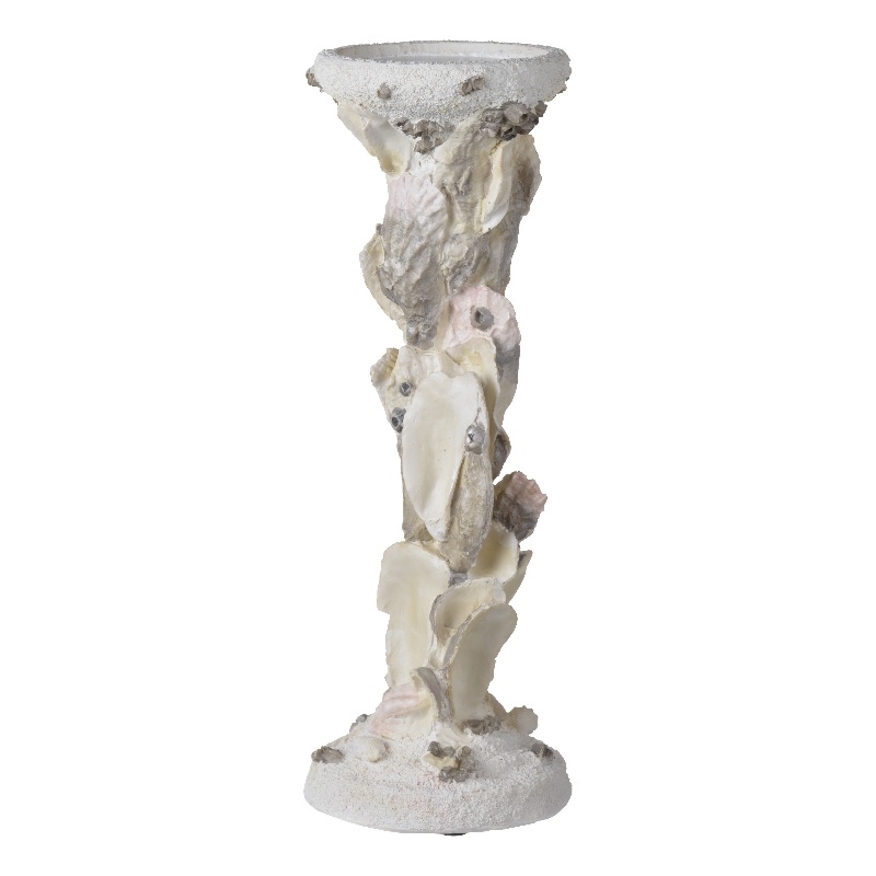 Pillar Candle Holder- Oyster Design 14 Inch Tall Coastal White Polyresin
