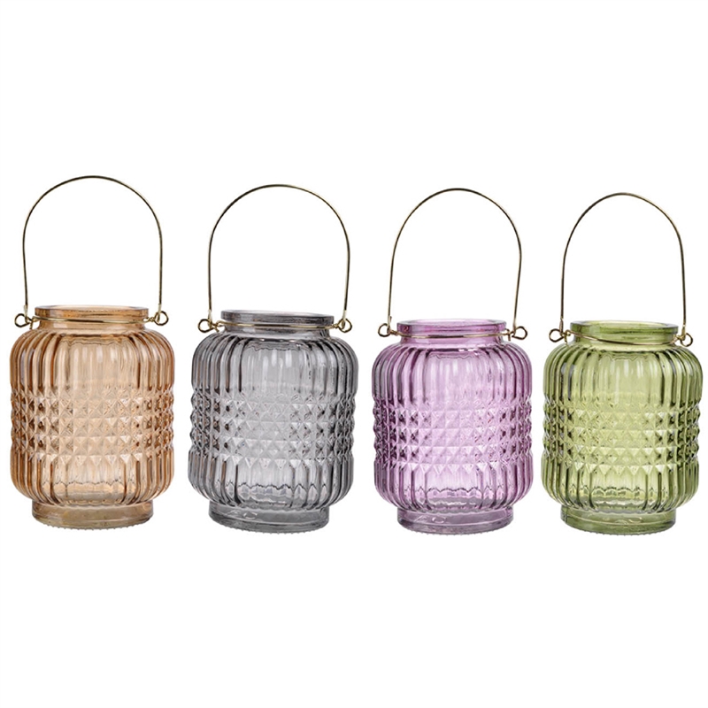 Aly Colorful Candle Holder Set of 4- Cut Glass Jars with Iron Handles