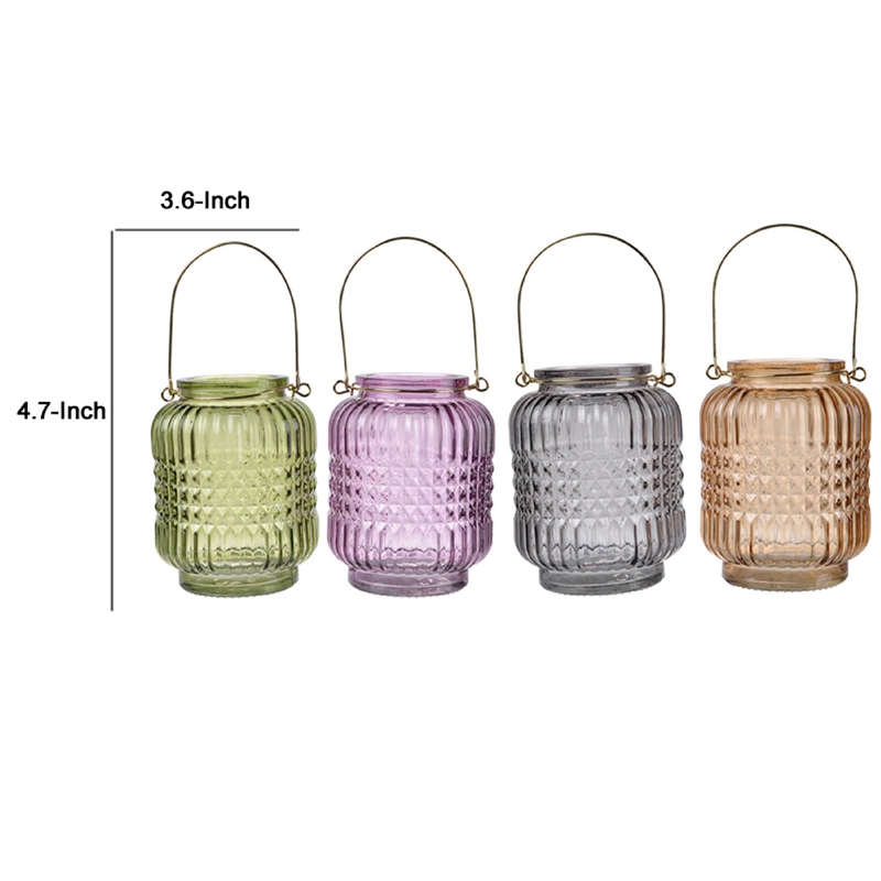 Aly Colorful Candle Holder Set of 4- Cut Glass Jars with Iron Handles