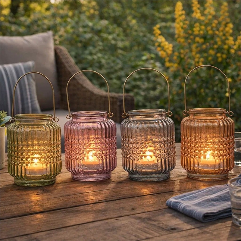 Aly Colorful Candle Holder Set of 4- Cut Glass Jars with Iron Handles