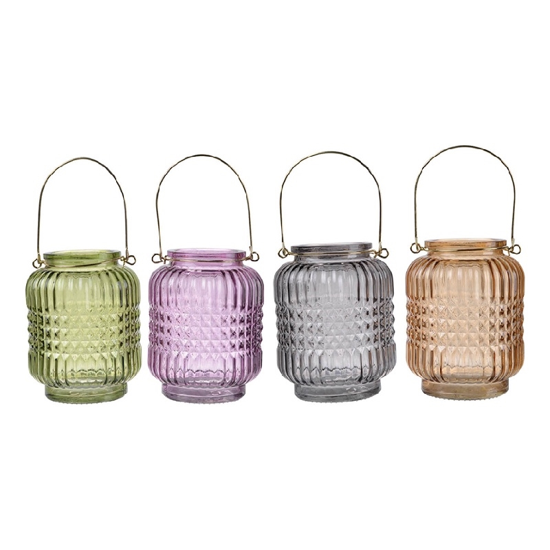 Aly Colorful Candle Holder Set of 4- Cut Glass Jars with Iron Handles