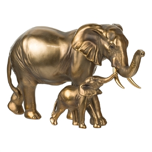 Mother and Baby Elephant Decorative Statue- 12 Inch Gold Bronze Polyresin