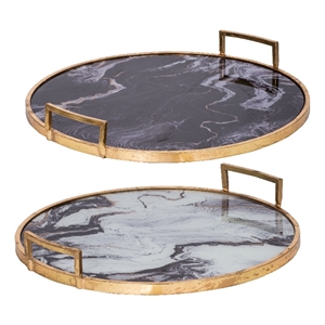 Set of 2 Decorative Trays with Handles- Black White Faux Marble Print- Gold