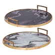 Set of 2 Decorative Trays with Handles- Black White Faux Marble Print- Gold