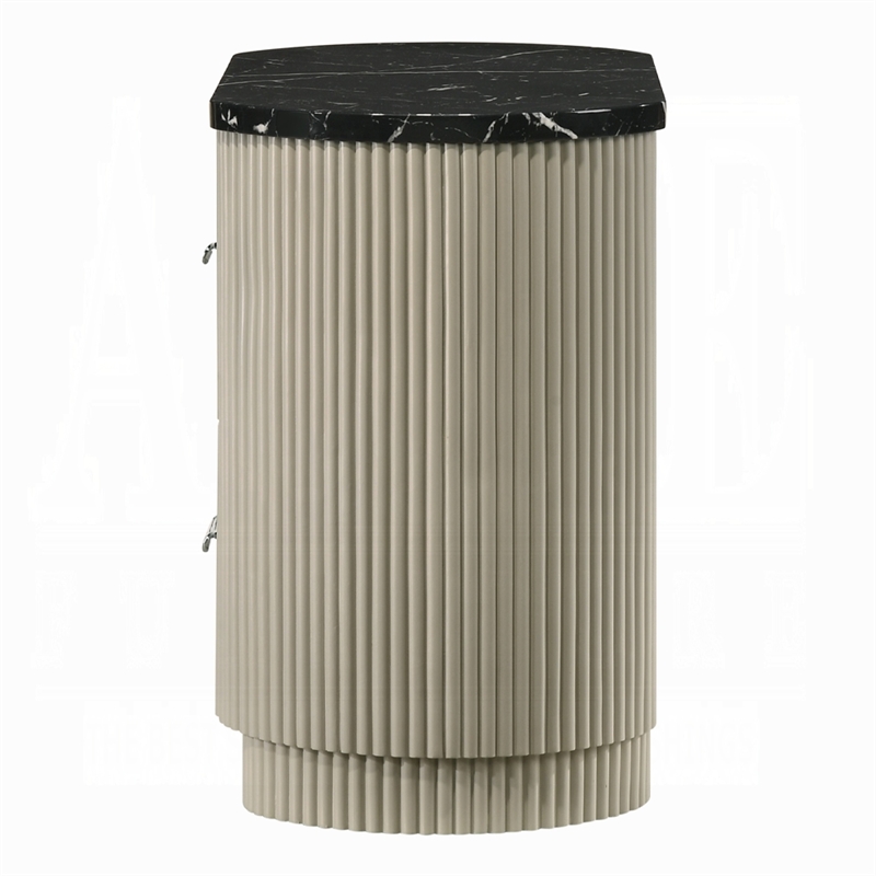 Trex Nightstand- 2 Reeded Drawers with Black Faux Marble Oval Top- Beige