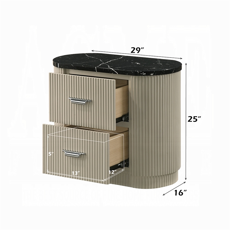 Trex Nightstand- 2 Reeded Drawers with Black Faux Marble Oval Top- Beige