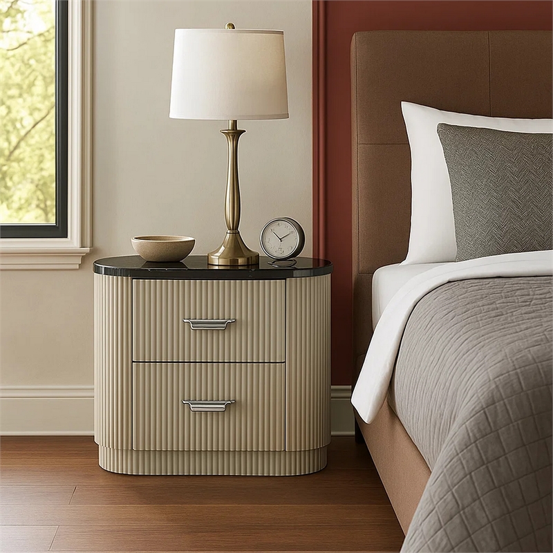 Trex Nightstand- 2 Reeded Drawers with Black Faux Marble Oval Top- Beige