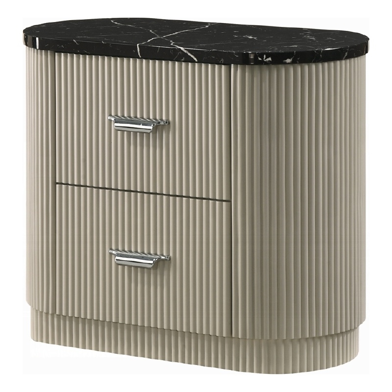 Trex Nightstand- 2 Reeded Drawers with Black Faux Marble Oval Top- Beige