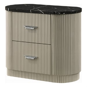 Trex Nightstand- 2 Reeded Drawers with Black Faux Marble Oval Top- Beige