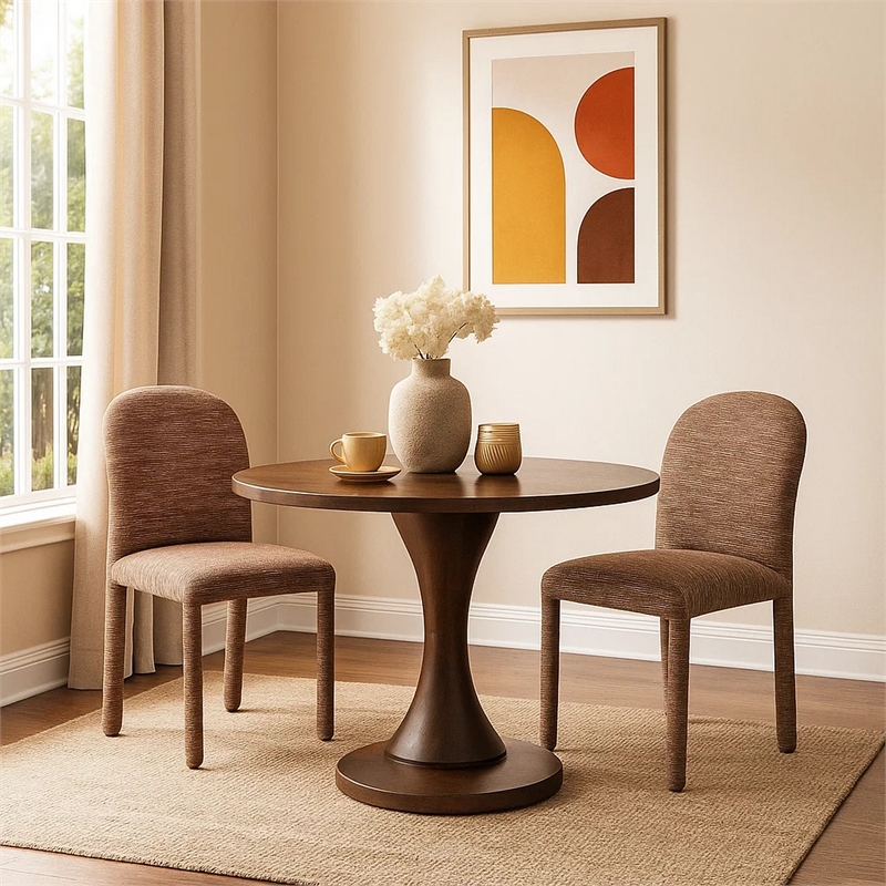 Ladi Dining Side Chair Set of 2- Brown Chenille Padded Seat and Back