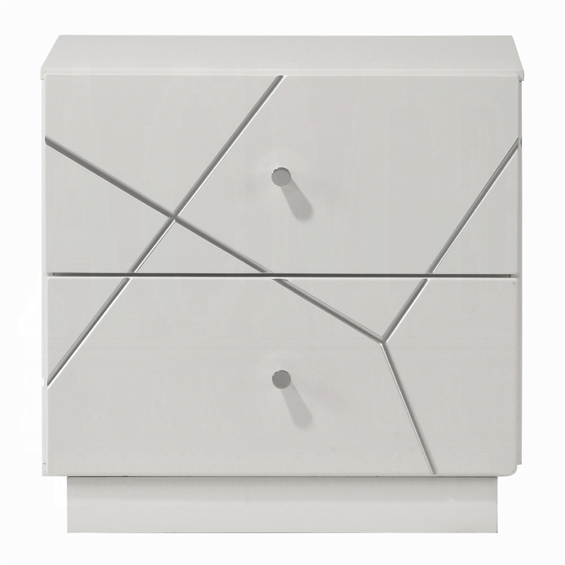 Esy Nightstand- 2 Drawers with Crystal Knobs- White Carved Pattern