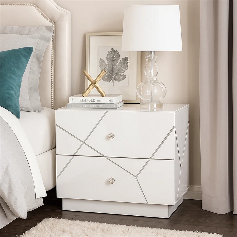 Esy Nightstand- 2 Drawers with Crystal Knobs- White Carved Pattern
