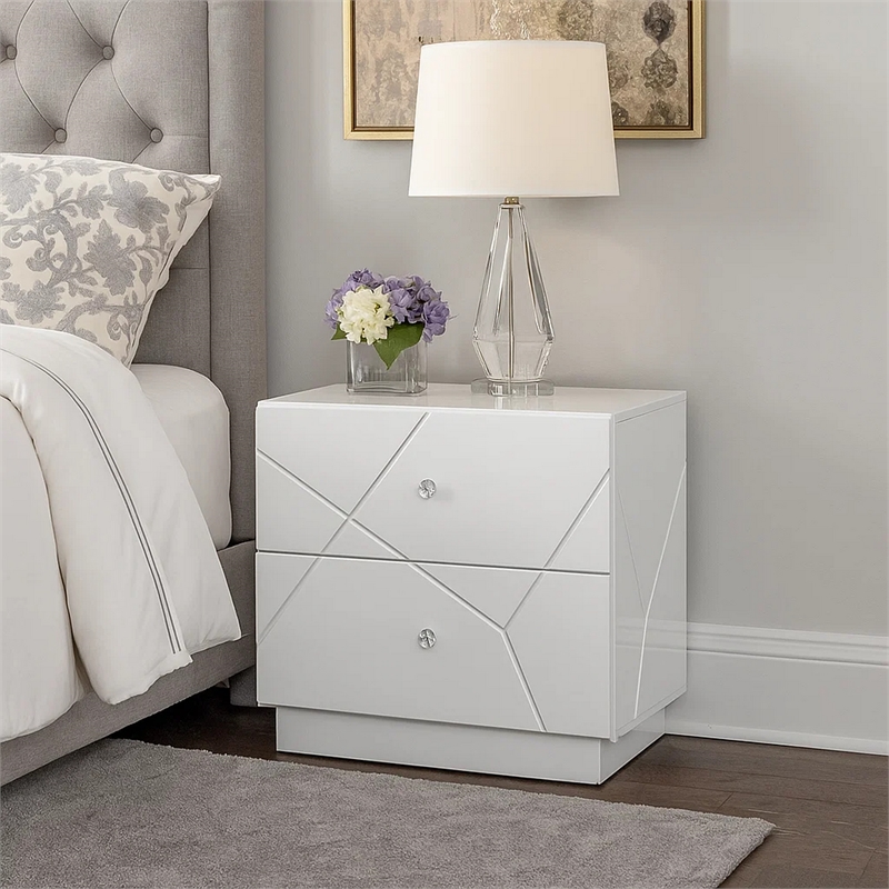Esy Nightstand- 2 Drawers with Crystal Knobs- White Carved Pattern