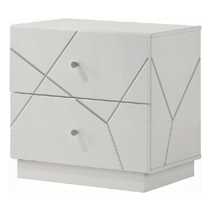 Esy Nightstand- 2 Drawers with Crystal Knobs- White Carved Pattern