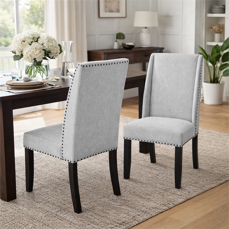 Vinz Dining Side Chair Set of 2- Light Gray Cotton Polyester- Black Legs