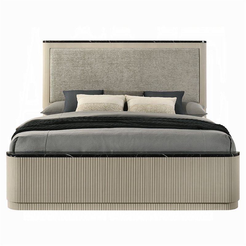 Trex King Bed- Gray Linen Upholstery- Marble Print Tops- Fluted Beige Wood