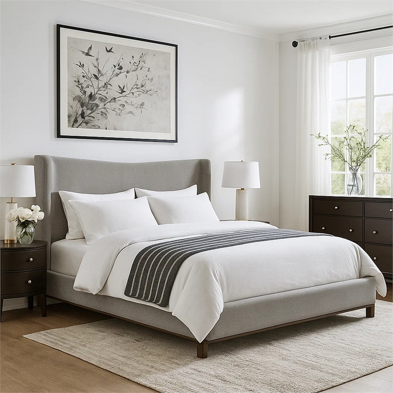 Mely King Platform Bed- Wingback Headboard- Gray Chenille Upholstery- Brown