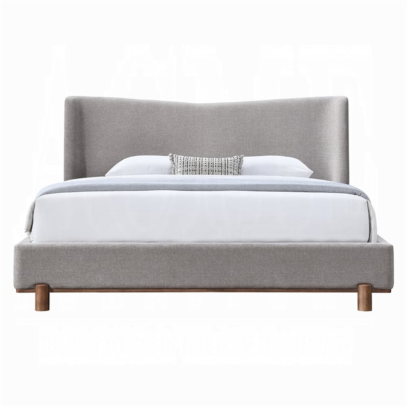 Mely Queen Platform Bed- Wingback Headboard Gray Chenille Upholstery- Brown