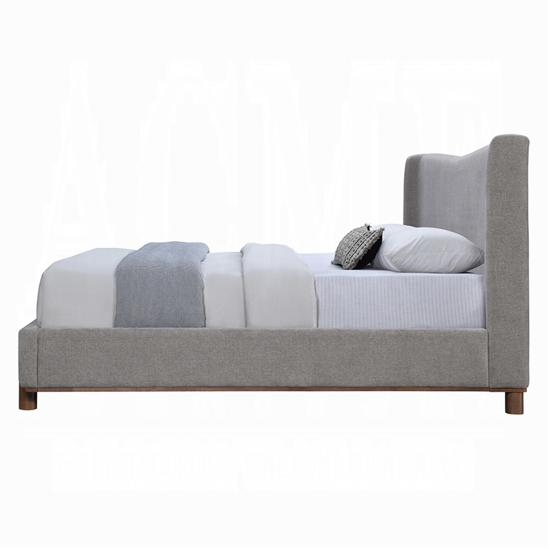Mely Queen Platform Bed- Wingback Headboard Gray Chenille Upholstery- Brown