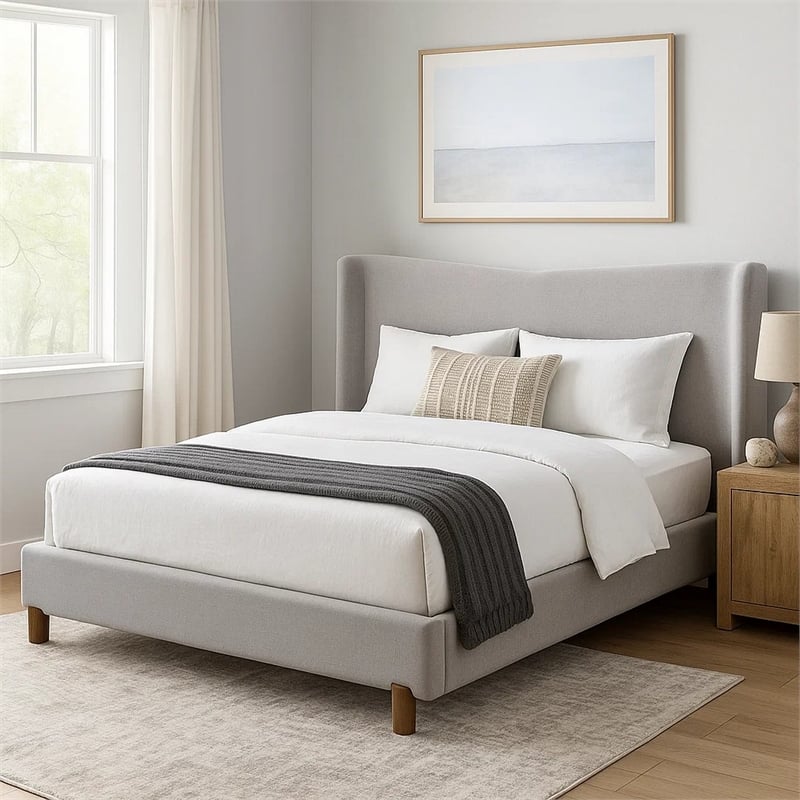Mely Queen Platform Bed- Wingback Headboard Gray Chenille Upholstery- Brown