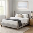 Mely Queen Platform Bed- Wingback Headboard Gray Chenille Upholstery- Brown